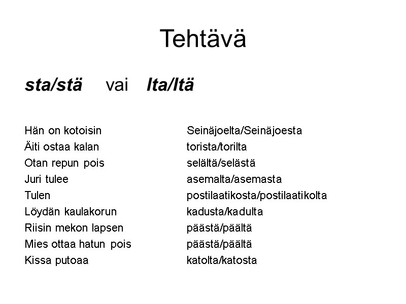 Tehtävä sta/stä vai lta/ltä Hän on kotoisin Seinäjoelta/Seinäjoesta Äiti ostaa Tehtävä sta/stä vai lta/ltä Hän on kotoisin Seinäjoelta/Seinäjoesta Äiti ostaa